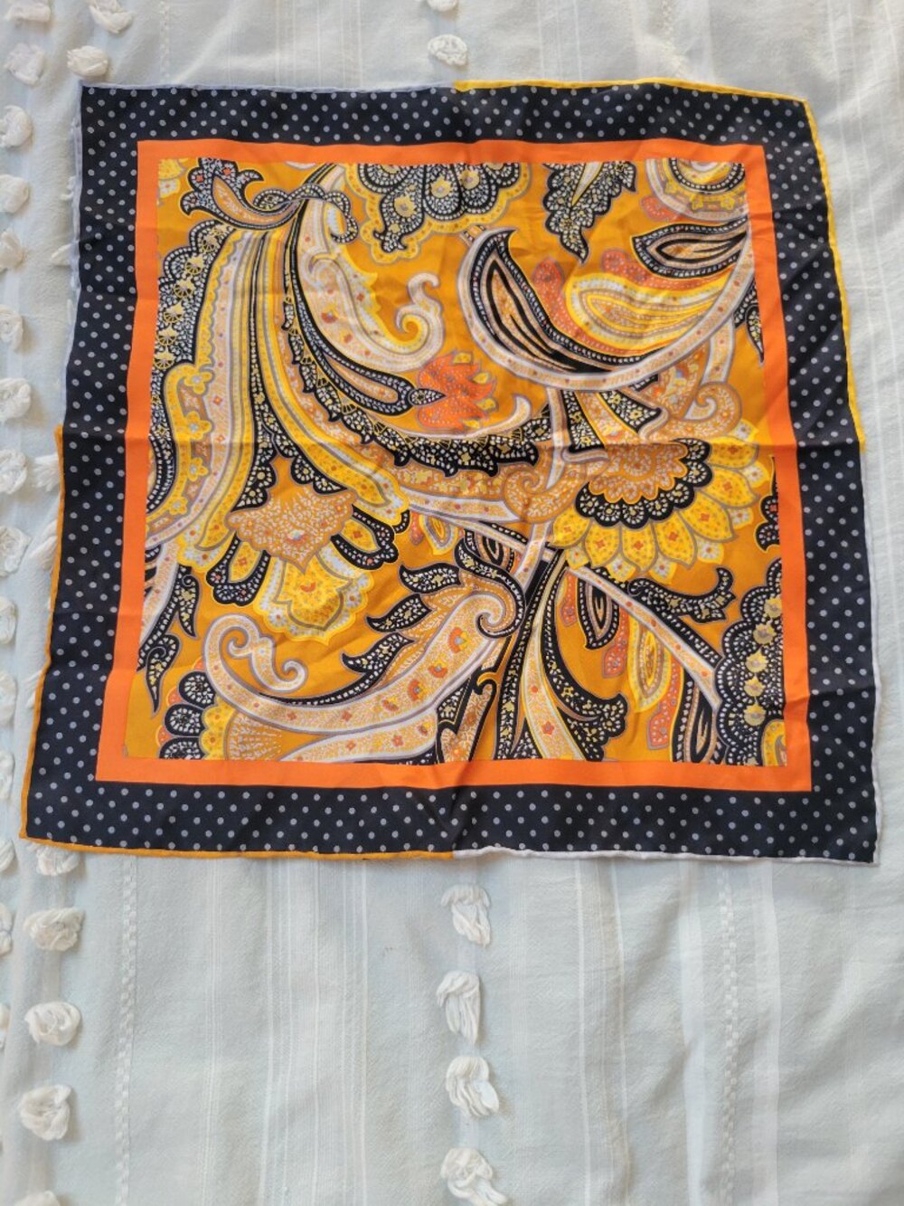 Vintage Pure Silk Paisley Square Scarf Gold Orange Black Polka Dot Hand Rolled - Picture 2 of 5